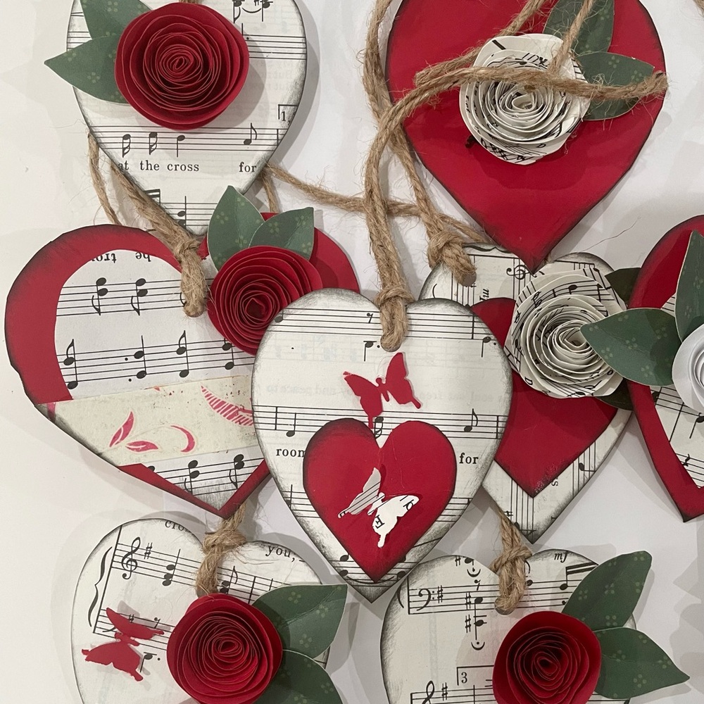 8 vintage sheet music heart hang tags.